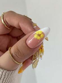 24 件/套法式杏仁形海洋风格优雅 3D 清新柠檬花渐变波尔卡圆点甜美按压式全覆盖假指甲，含 1 件果冻凝胶和 1 件指甲锉，增添浪漫气息，让您看起来甜美，适合日常约会美甲用品指甲 - 彩色 - 查看 2