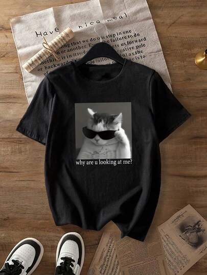 大码女式时尚猫咪图案T恤 - 舒适圆领短袖夏季款式，休闲百搭，情人节理想礼物