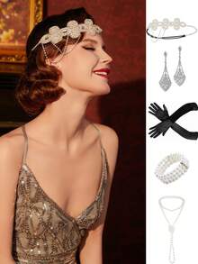 5 قطع مجموعة إكسسوارات غاتسبي من عام 1920 للنساء، شريط رأس فلابر، قلادة، قفازات، سوار، للاستخدام في مناسبات هالوين