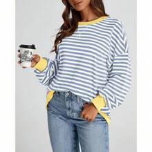 Womens Oversized Striped Sweatshirt Crewneck Long Sleeve Pullover Top Casual Y2K Spring Clothes 2026 Workout Shirt,Vacation Outfits Women,Valentine Outfits For Women,Street Photography - Xanh be trắng - Xem 7