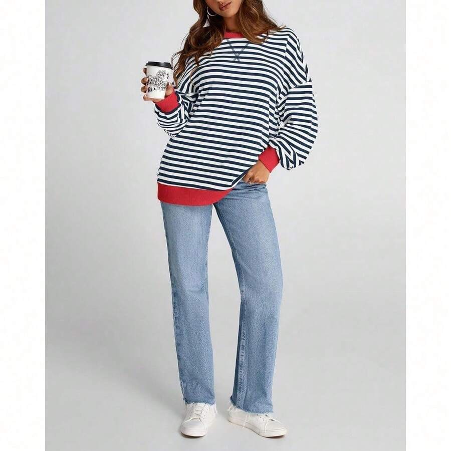 Womens Oversized Striped Sweatshirt Crewneck Long Sleeve Pullover Top Casual Y2K Spring Clothes 2026 Workout Shirt,Vacation Outfits Women,Valentine Outfits For Women,Street Photography - 海軍白 - 查看 1