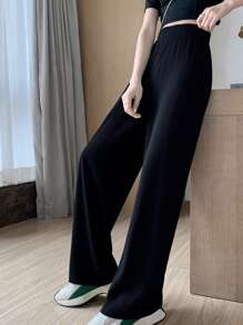 Pantalones anchos de seda helada para mujer, cintura alta, caída fluida, holgados, rectos, informales y largos hasta el suelo Pantalones de Mujer - Negro - Ver 2