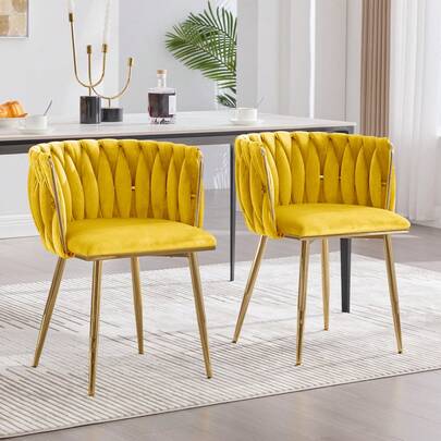 Velvet Dining Chairs Set Of 2, Woven Upholstered Dining Chairs With Gold Metal Legs, Modern Accent Chairs For Living Room, Dining Room, Kitchen