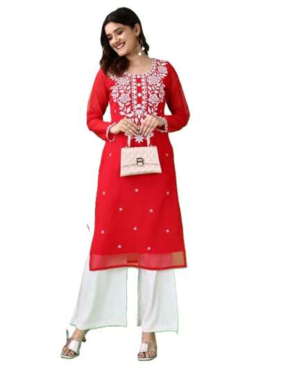 Estationeryhouse Women's Georgette Lucknowi Chikankari Kurti, Rose Design With Heavy Embroidery, Without Bottom(Red)