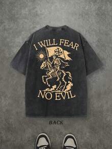 Retro Washed T-Shirt Double Sided Printed (230 Pure Cotton T-Shirt) 'I WILL FEAR NO EVIL'  Letter And Pattern Print, Men's T-Shirt, Men's Casual, Comfortable, Fashionable T-Shirt, Street Style Cotton - màu đen - Xem 2