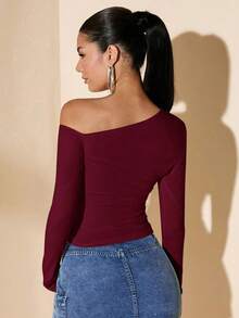 Women's Minimalist Asymmetric Shoulder Long Sleeve Fitted T-Shirt Top, Everyday Wear, Fall/Winter - 酒紅色 - 查看 2
