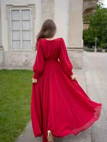 Vestido de manga de linterna con cuello en V y color sólido para la fiesta previa a la boda