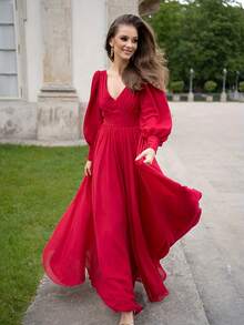 Vestido de manga de linterna con cuello en V y color sólido para la fiesta previa a la boda
