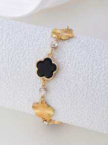 1pc Luxurious Rhinestone Embellished Gold Textured Black Clover Charm Women Bracelet - Black - View 2