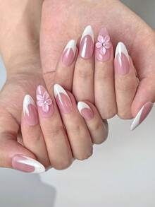 10片法式美甲贴纸，杏仁形，光泽保湿，带闪光粉，3D立体花卉装饰，简约精致，适合女孩日常及约会美甲，附赠果冻胶和指甲锉。 - 粉色 - 查看 7