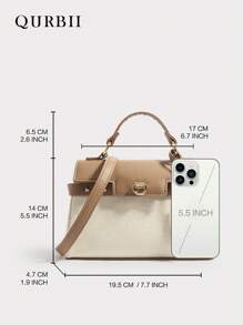 QURBII 1pc Small Fashionable Faux Leather & Fabric Patchwork Handbag, Elegant Tote Bag, Lockable Rivet Decor Strap Small Square Bag, Detachable Shoulder Strap, Crossbody Bag, Suitable For Women Office, Commute, Date, Shopping, Casual, Vacation, Beach, Music Festival, Party, Wedding, School