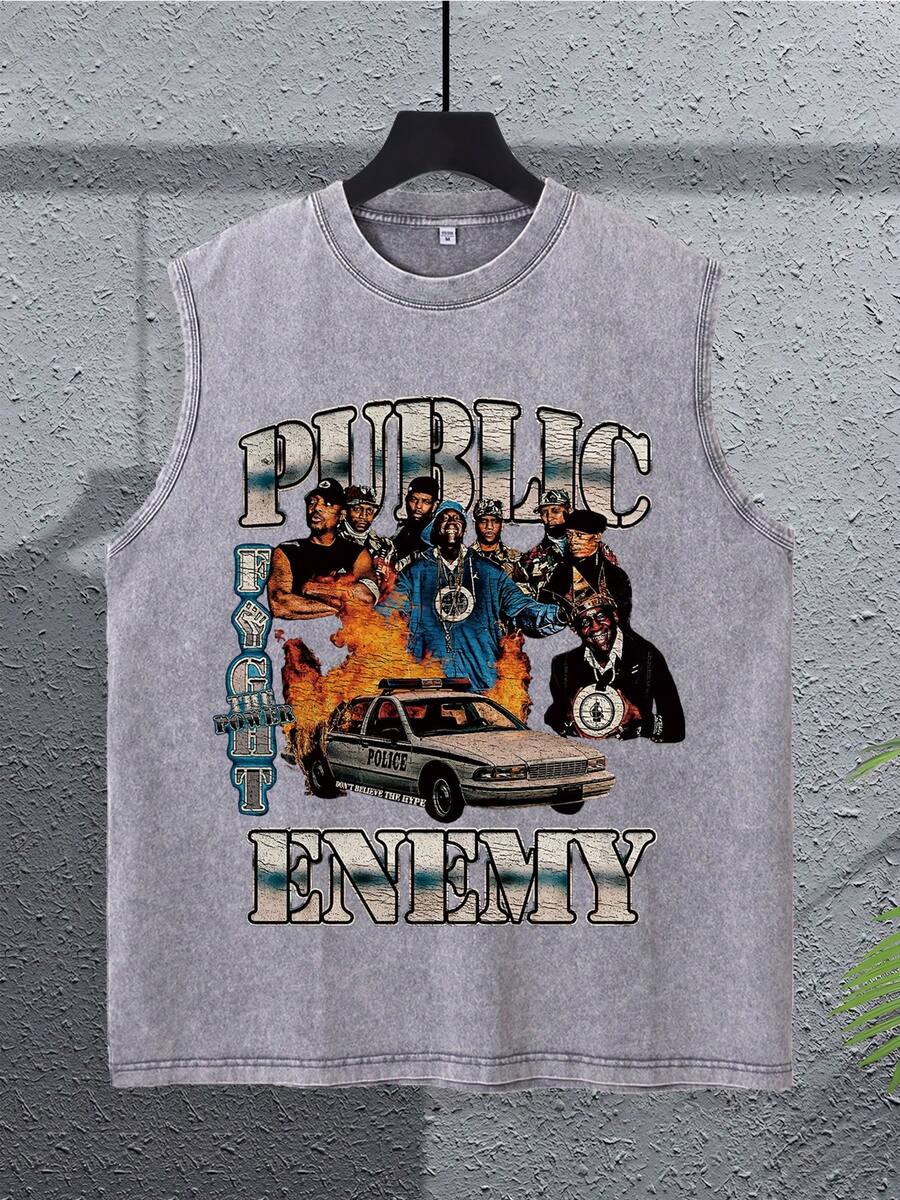 Men's Summer Washed Cotton Crew Neck Vest Car Graphic Print Fashion Hip Hop Style Sleeveless T-Shirt