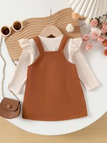 2 件套幼儿女童可爱时尚长袖上衣 + 围兜连衣裙套装，轻便，适合春秋季 - 杏色 - 查看 2