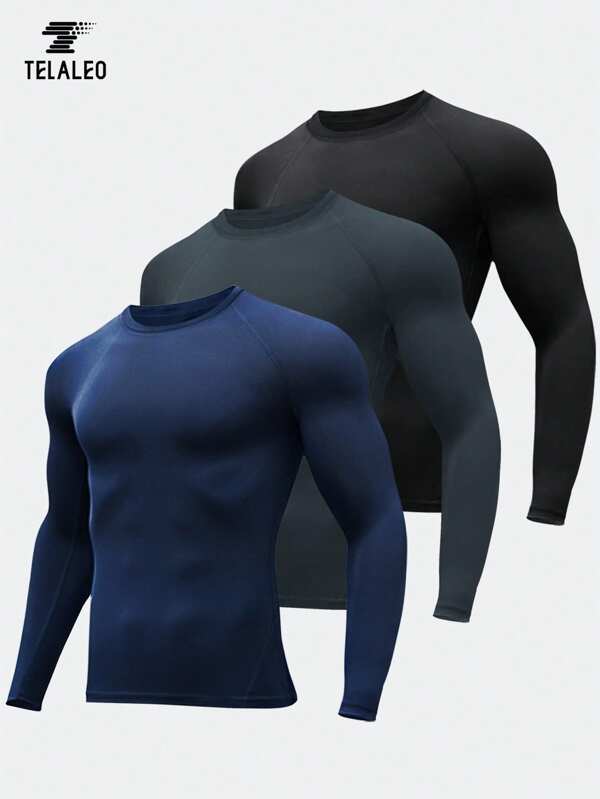 TELALEO 3 Packs Boyfriend Style Men's Compression Shirts Long Sleeve Athletic Workout Rash Guard UPF SPF Sports Undershirt Base Layer Top