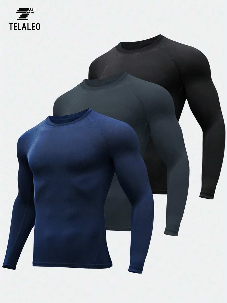TELALEO 3 Packs Boyfriend Style Men's Compression Shirts Long Sleeve Athletic Workout Rash Guard UPF SPF Sports Undershirt Base Layer Top