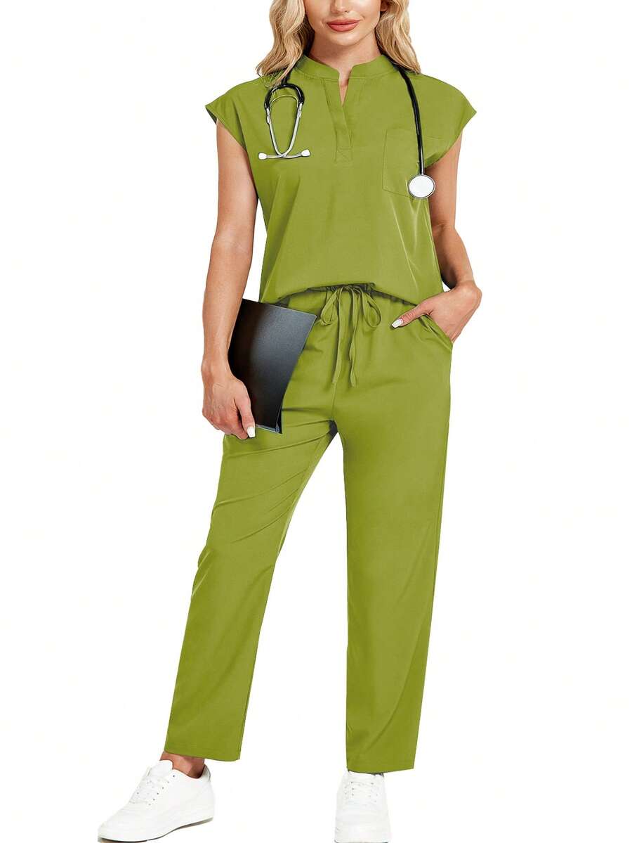 cimmuovere Bộ đồng phục mùa xuân dành cho người có thân hình mũm mĩm, gồm áo không tay cổ đứng dáng rộng và quần nhiều túi tiện dụng. - Màu xanh Bạc hà - Xem 1