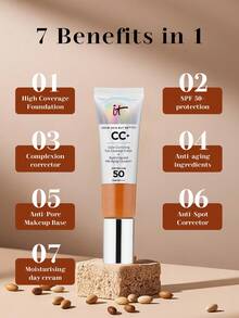 IT Cosmetics CC+霜，SPF 50+，中性浓郁色调，32毫升/1.08盎司 | 多效合一的粉底和护肤 | SPF 50+广谱防晒，有效抵御紫外线损伤 | 蕴含透明质酸、抗氧化剂和肽等保湿成分，令肌肤健康透亮 - Neutral Rich - 查看 3