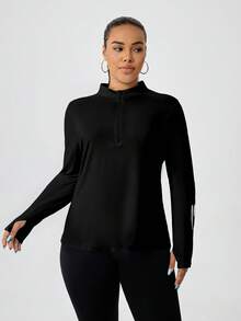 Sudadera con media cremallera para mujer talla grande, casual, de moda, para calle, running y entrenamiento al aire libre - Negro - Ver 6