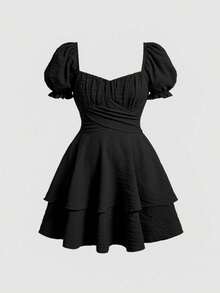 Truni Elyhuante_03 Plus Size Short Puff Sleeve Dress With Bow Tie Back, Summer,Graduation Dress, For Pear Triangle Body Shape - Black - View 2