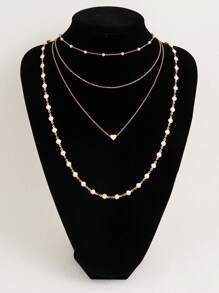 4pcs Fashionable Minimalist Elegant Faux Pearl Heart Shaped Y-Necklace Multi-Layer Necklace, Suitable For Women's Vacation, Date, Party, Gift, Daily Wear - Yellow Gold - View 4