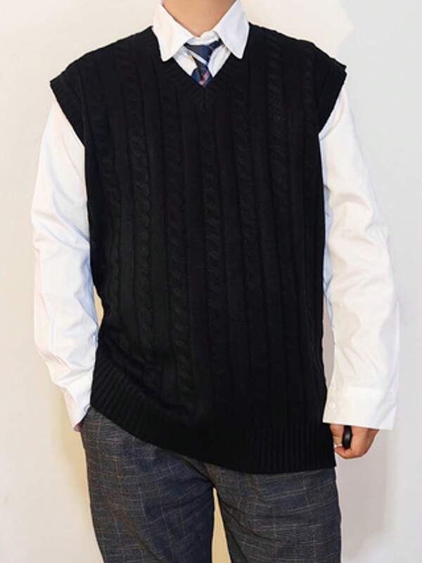 Plus Size Men's Solid Color V-Neck Casual Knit Sweater Vest, Suitable For Spring, Autumn And Winter
