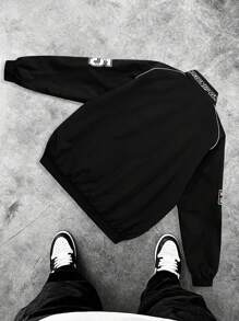 Men's Casual Letter Printed Long Sleeve Jacket, Spring & Fall Going Out Street Wear Racing Jacket Black Biker Jacket, Long Sleeve Going Out Designer Bomber Jacket, Streetwear Edition, For Friends, Husband, Boyfriend Gifts,