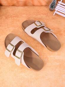 1 Pair Unisex Teenagers/Couples Metal Buckle Comfortable Flat Open Toe Sandals, Fashionable For Daily Wear - Beige - View 9