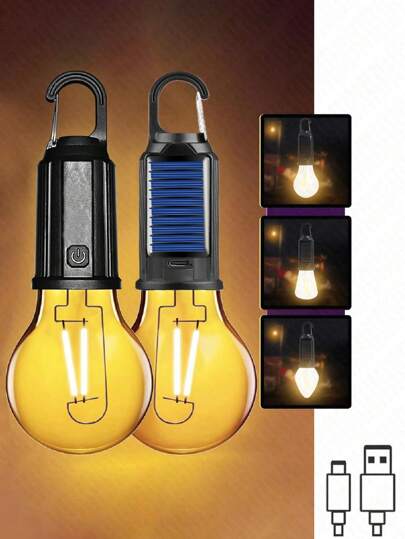 1PC Outdoor LED Lights USB/Solar Energy Rechargeable Bulbs High Brightness Emergency Light Hook Up Camping Fishing Portable Lantern Night Lamp, Solar Lights Outdoor