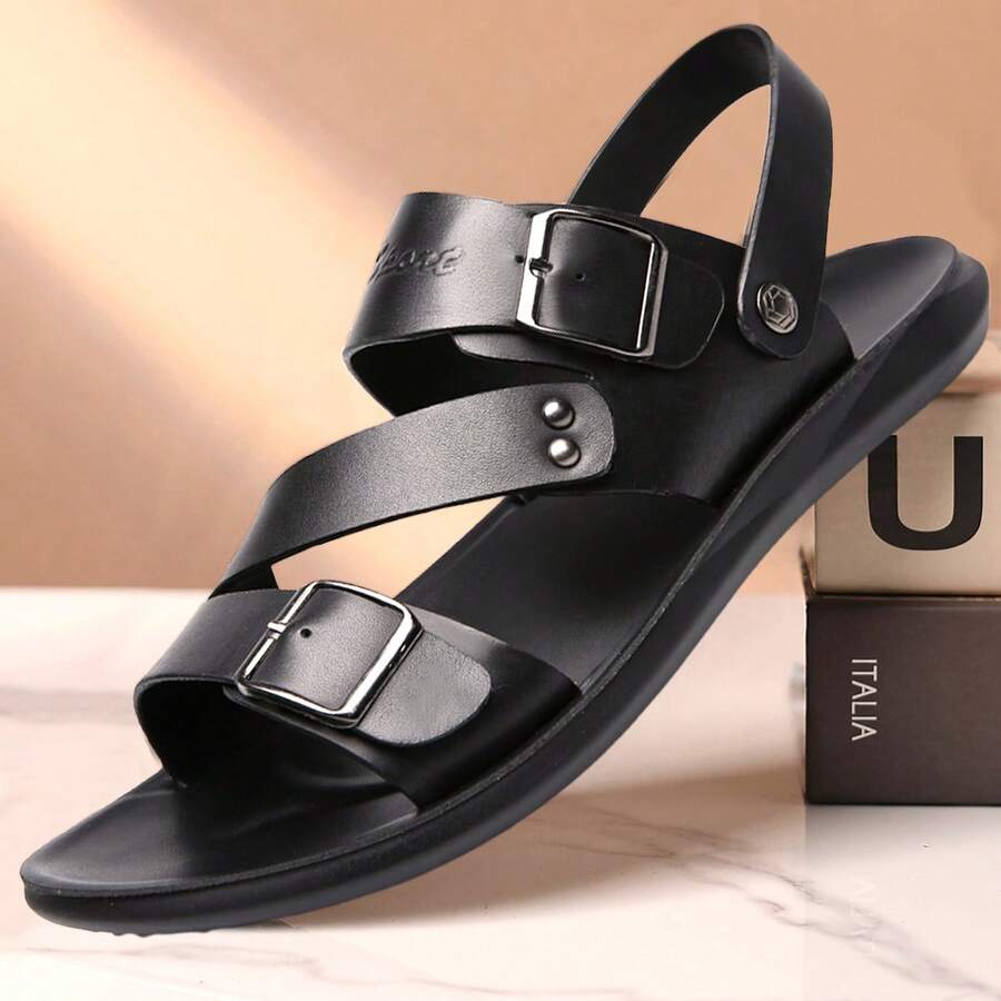 Simple And Versatile Open-Toe Mens Slippers With Double Buckle Design, Comfortable Flat Sole, A Preferred Choice For Daily Wear & Beach Outings. - màu đen - Xem 1