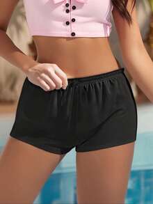 Women's Summer Drawstring Shorts Solid Color Low Waist Casual Breathable Short Pants - màu đen - Xem 6