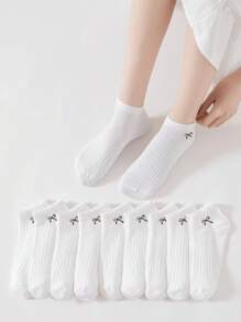 10 Pairs White Bow Socks, Simple And Elegant Japanese Clown Casual Style, Comfortable And Breathable, Suitable For Sportswear