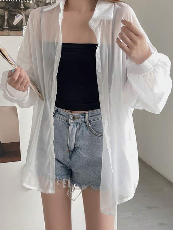 女式纯色前扣长袖休闲衬衫