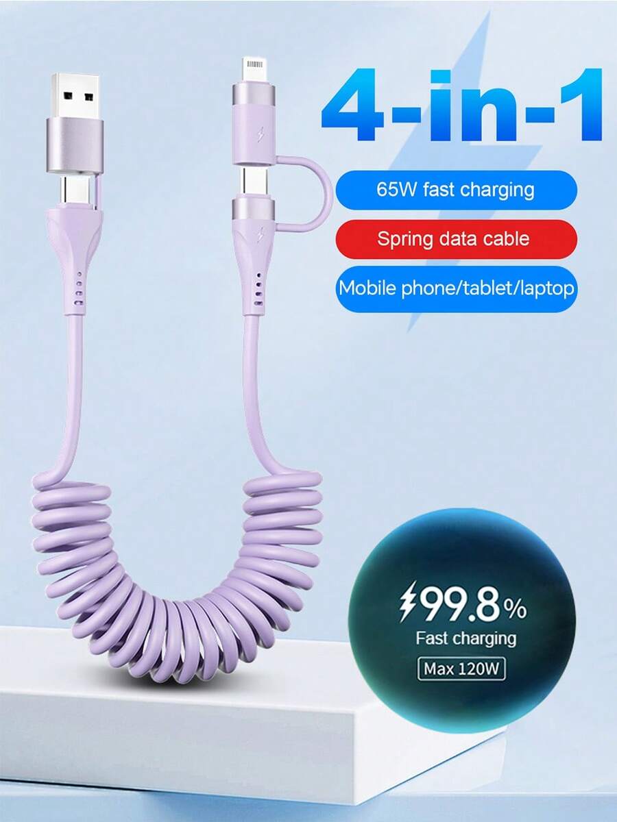 4合1馬卡龍色伸縮彈簧數據線，車用快充短線，USB轉Lightning/Type-C與Type-C轉Lightning/Type-C充電線，兼容 16/15/14/13/12/11 Pro Max/CarPlay/Honor/（最大拉伸長度1.2m）