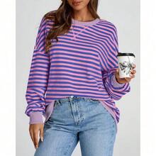 Womens Oversized Striped Sweatshirt Crewneck Long Sleeve Pullover Top Casual Y2K Spring Clothes 2026 Workout Shirt,Vacation Outfits Women,Valentine Outfits For Women,Street Photography - 藍色粉紅色 - 查看 5