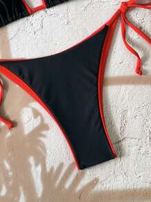 2pcs/Set Women Leopard Print Spaghetti Strap Tie Sexy Bikini Set, Suitable For Beach Vacation And Halloween Wear, Summer 2025 - Black and Red Brocade - View 6