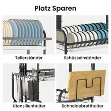 Schwarz Abtropfgestell Geschirr, Geschirrabtropfgestell  3-stufig, Geschirrtrockner mit Utensilienhalter, Messerhalter, Schneidebretthalter & Abtropfschale – Kitchen Organizer