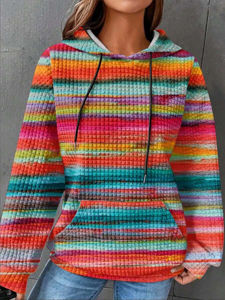 1pc Plus Size Casual Loose Stretchy Pullover Hoodie Sweatshirt, Women Autumn/Winter Rainbow Striped Print Hooded Sweatshirt With Pockets & Drawstring