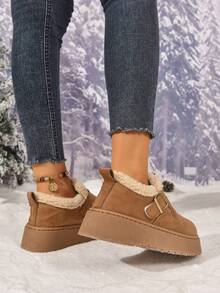 Botas de neve marrons para uso externo com solado antiderrapante e grosso, botas de tornozelo versáteis e com forro térmico da moda 2025, botas curtas de bico quadrado, sapatos de neve à prova d'água e com plataforma para uso externo para mulheres