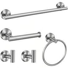 sunzone Juego de Accesorios de Baño,5 Piezas de Toallero, Toallero en Barra de 40CM, Toallero de Anillo, Albornoz Gancho de Toalla, Portarrollos de Papel Higiénico, 304 Acero Inoxidable, Plata - Plateado - Ver 4