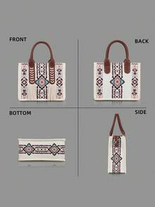 2pcs Bohemian Vintage Set Including Women Tote Bag, Handbag And Wallet - Beige - View 3