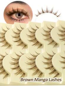 Rikuaild 5对棕色娃娃款自然假睫毛，动漫风格 - 透明睫毛梗，柔软自然，卡通妆效，狐狸眼效果，仙女风格，适合旅行、日常妆容、角色扮演 - 可重复使用的条状假睫毛 - 尖尾漫畫款 - 查看 8