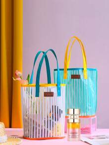 1个大号女士沙滩手提包，防水防沙，带拉链口袋，女士游泳包，彩色条纹装饰，适合存放洗漱用品、化妆品、收纳物品，也适合学校、大学、宿舍、邮轮旅行、沙滩必备品、沙滩巾收纳、沙滩配件、夏季度假必需品。 - 彩色 - 查看 7