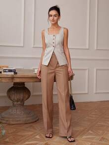 女士方领短袖纽扣前开衩下摆休闲宽松舒适吊带背心，Old Money 短款上衣，露背上衣商务休闲 - 卡其色 - 查看 3