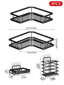 2/3/4 件套浴室置物架，包含转角淋浴置物架、壁挂式皂碟、洗发水架和肥皂架，适合家居浴室装饰，黑色浴室收纳架，洗发水架，浴室，浴室配件，浴室装饰，生日装饰，新年礼物，情人节礼物 - 黑色 - 查看 4