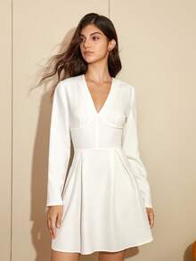 Women's Elegant Long Sleeve Dress, White Dress, Back Zipper, V-Neck, Ruffle Detail - White - View 6