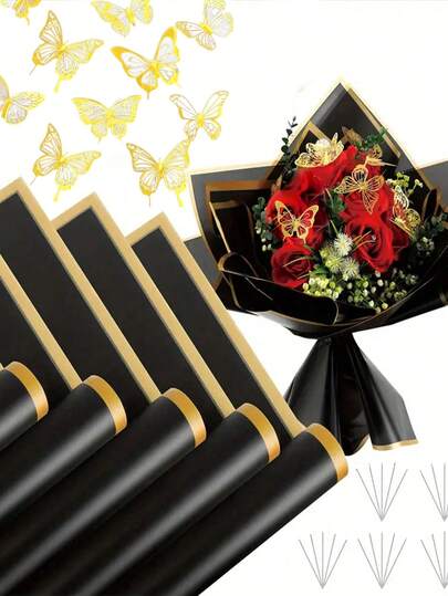 30 arkuszy papieru do pakowania kwiatów, arkusze papieru do pakowania bukietów kwiatowych ze złotym brzegiem, papier do pakowania w stylu koreańskim do samodzielnego pakowania prezentów, dekoracje, artykuły florystyczne, 23 x 23 cale, papier do pakowania, bibułka, artykuły do bukietów kwiatowych (czarny)