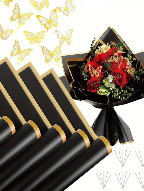 30 piezas de papel de regalo con estampado floral, papel de regalo para ramos, papel de regalo estilo coreano con bordes dorados, adecuado para manualidades DIY, envoltura de regalos, decoración, suministros florales, 23 X 23 pulgadas, papel de regalo, papel delgado, suministros para ramos (Negro)