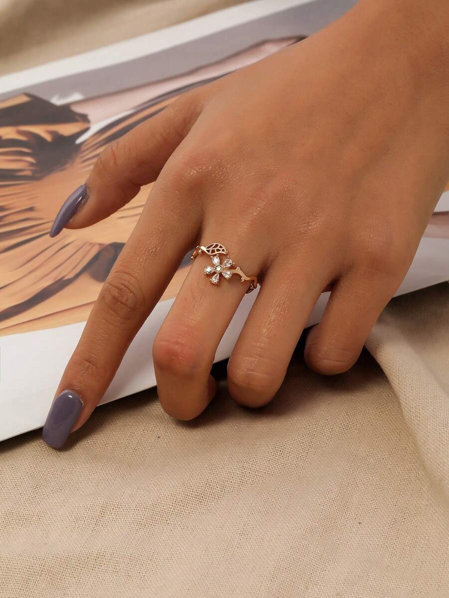 Nooxian 1 件金色四叶草花朵锆石开口戒指,女士可爱花卉宝石开口戒指 - 金黃色 - 查看 1