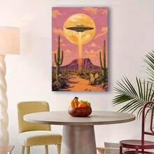 1pc Vibrant Retro Sci-Fi Desert Landscape Canvas Wall Art, Mysterious UFO & Full Moon Scene Print For Living Room, Unique Space-Themed Alien Home Decor, Modern Southwest Inspired Artwork For Bedroom - 彩色 - 查看 2