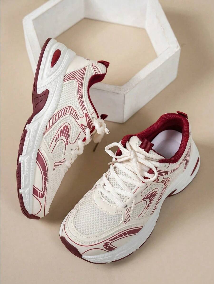 New Women Casual Sneakers, Chunky Sneakers, Shoes, White Shoes, Lace-Up Round Toe Mixed Material Breathable Versatile Printed Graffiti College Style Student Outdoor Hiking Casual Commuting Shoes - Đỏ - Xem 1
